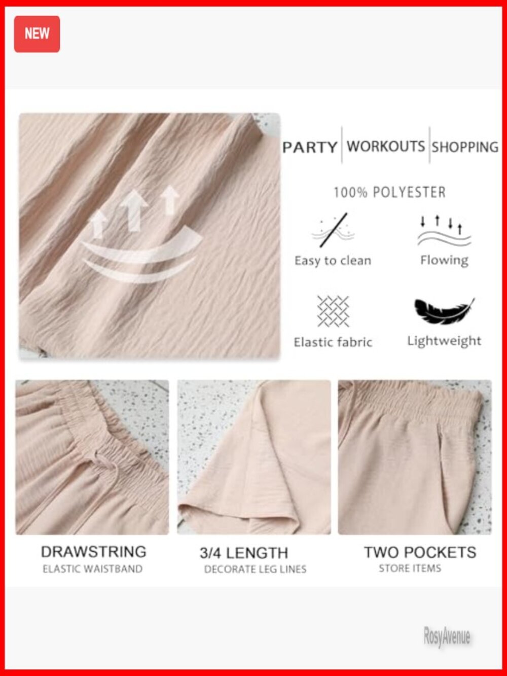 High Waisted Wide Leg Palazzo Capri Pants with Drawstring Pockets Lounge - Picture 5 of 7